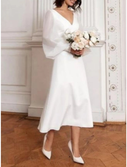 Little White Dresses Wedding Dresses A-Line V Neck Long Sleeve Tea Length Satin Bridal Gowns With Pleats Solid Color