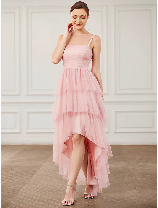 A-Line Party Dresses Vintage Dress Prom Birthday Knee Length Sleeveless Spaghetti Strap Tulle with Ruched