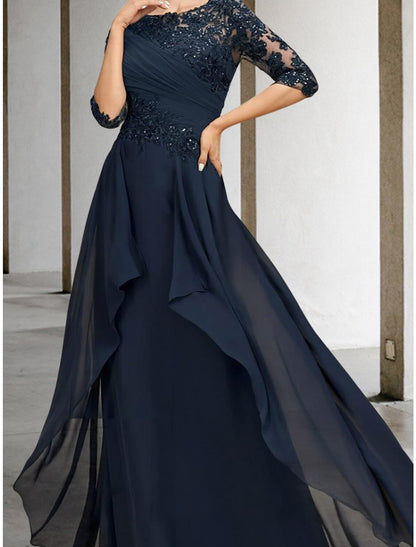 A-Line Mother of the Bride Dress Wedding Guest Elegant Scoop Neck Floor Length Chiffon Lace Half Sleeve with Sequin Ruching Solid Color