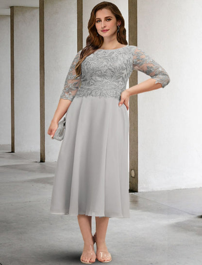 A-Line Mother of the Bride Dresses Plus Size Hide Belly Curve Elegant Dress Formal Tea Length 3/4 Length Sleeve Jewel Neck Chiffon with Sequin Appliques