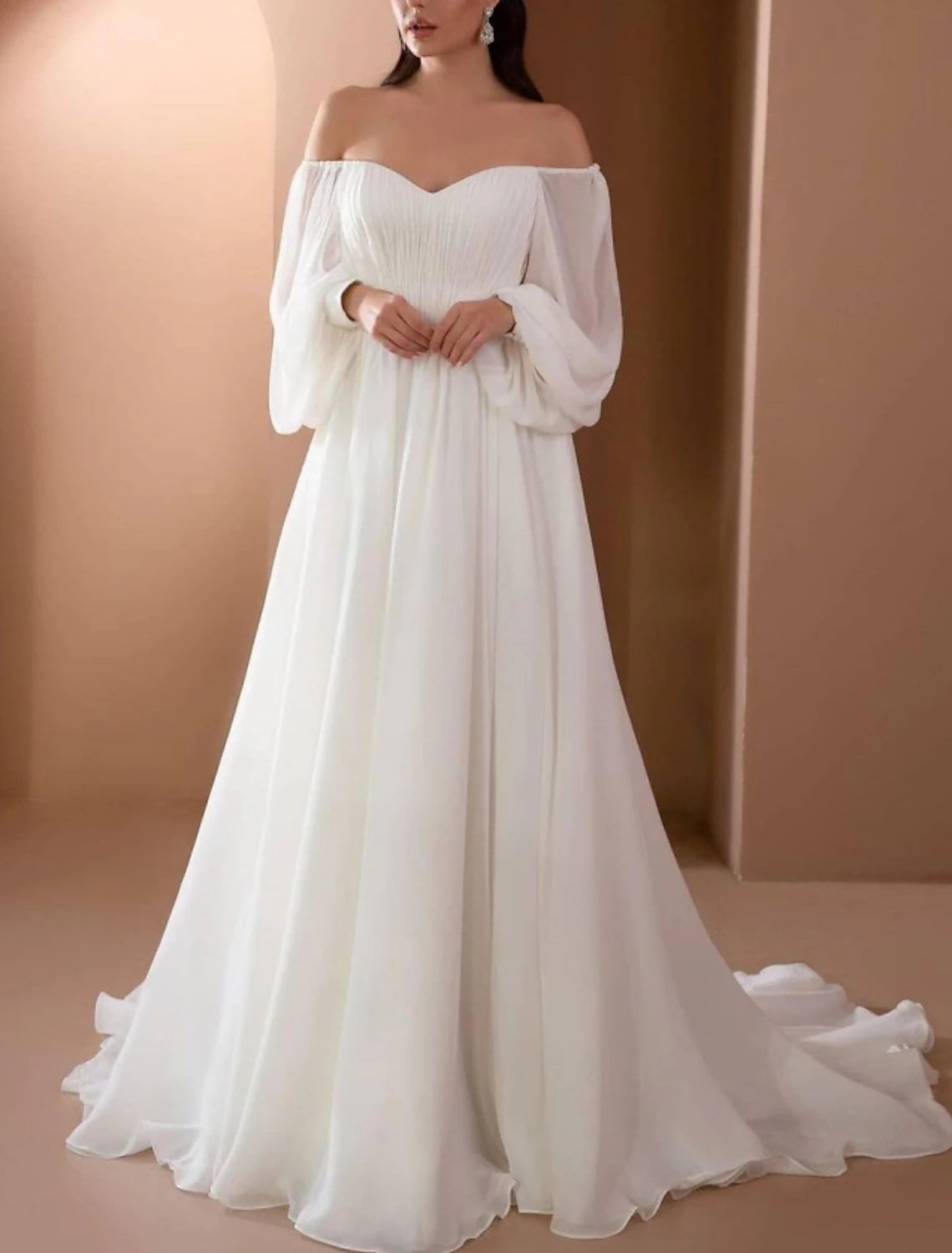 Beach Vintage Wedding Dresses A-Line Off Shoulder Long Sleeve Court Train Chiffon Bridal Gowns With Pleats Beading