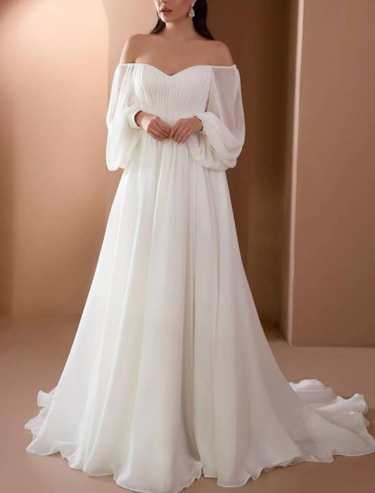 Beach Vintage Wedding Dresses A-Line Off Shoulder Long Sleeve Court Train Chiffon Bridal Gowns With Pleats Beading