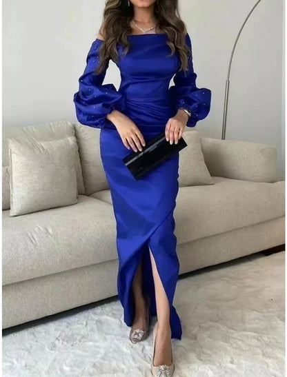 Mermaid / Trumpet Evening Gown Elegant Dress Formal Floor Length Long Sleeve Square Neck Satin with Ruched Sequin Slit 2024