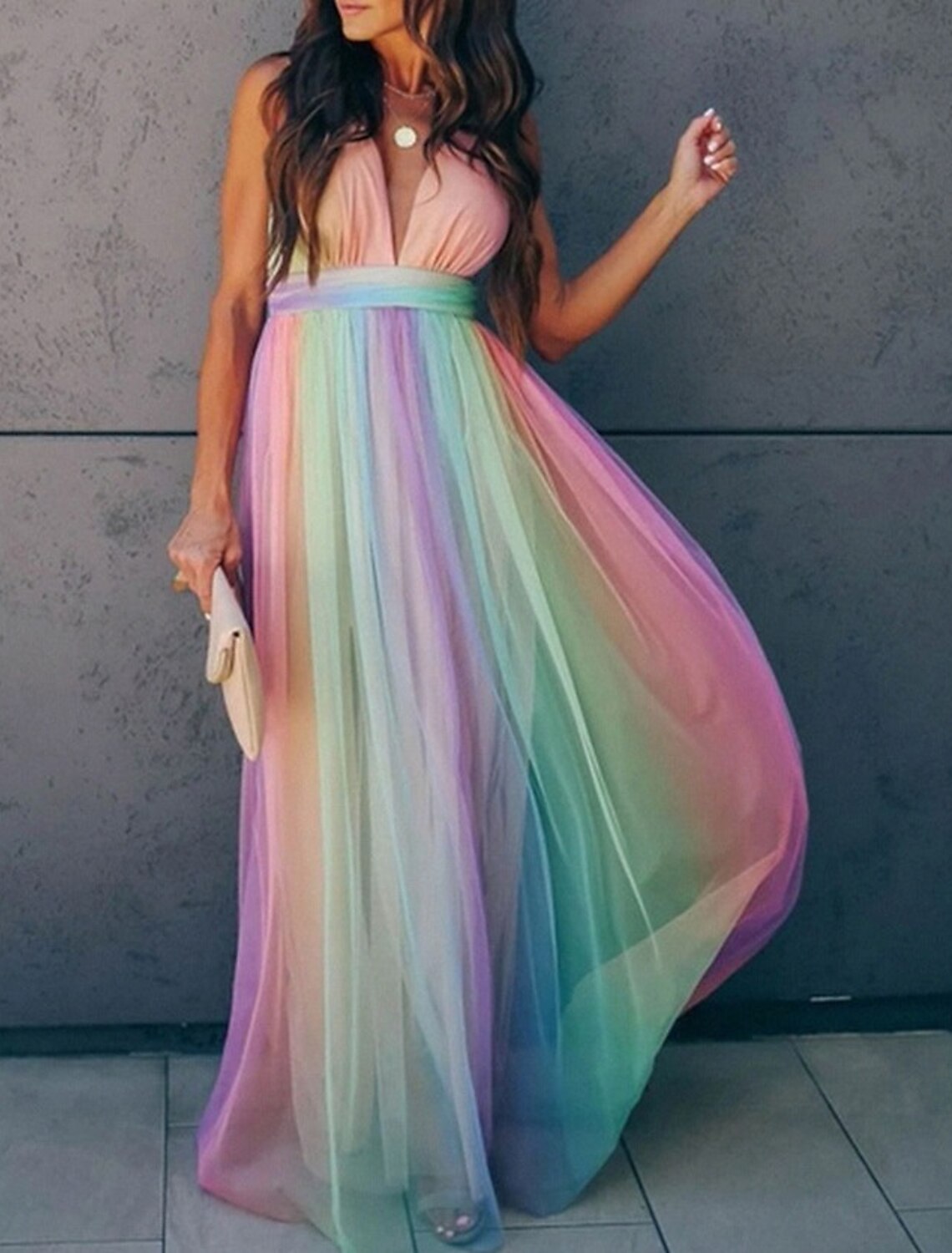 A-Line Prom Dresses Ombre Dress Wedding Guest Prom Floor Length Sleeveless V Neck Tulle Backless with Sash / Ribbon Splicing