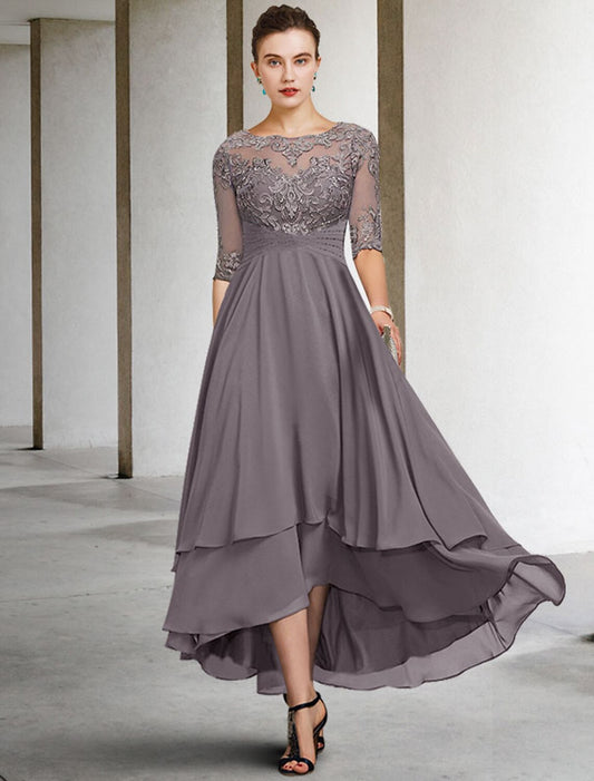 A-Line Mother of the Bride Dress Plus Size Elegant High Low Jewel Neck Asymmetrical Ankle Length Chiffon Lace Half Sleeve with Beading Ruffles Appliques