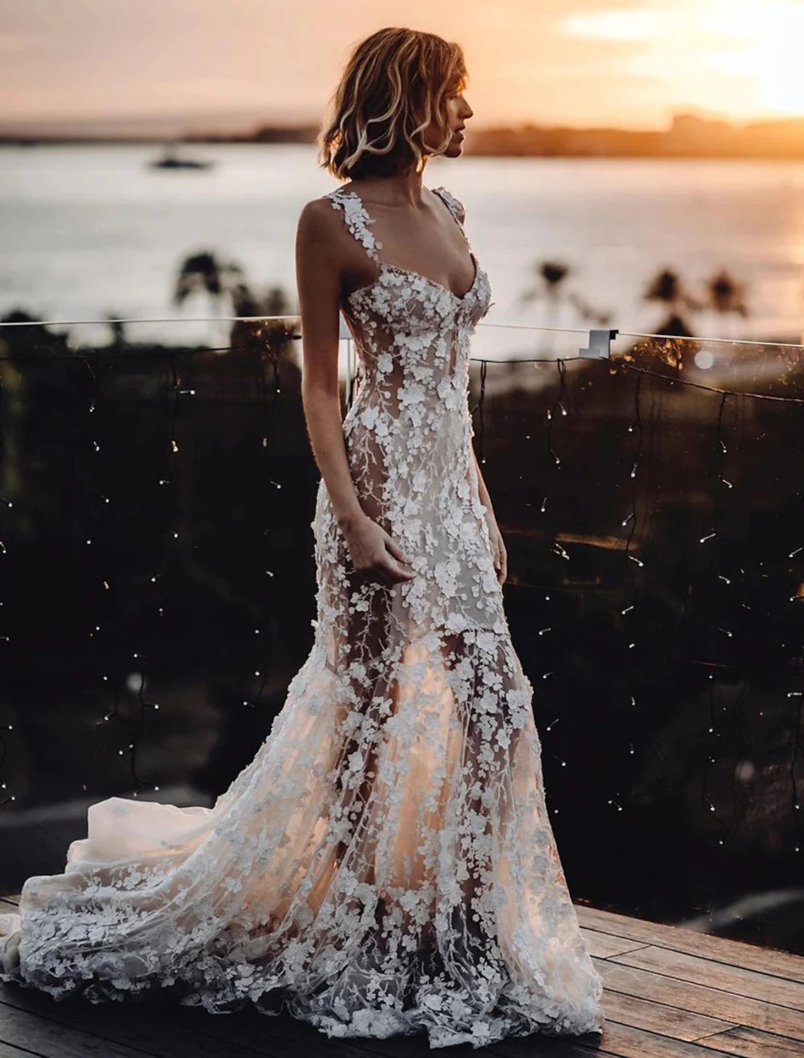 Beach Sexy Boho Wedding Dresses Mermaid / Trumpet Sweetheart Regular Straps Court Train Lace Bridal Gowns With Appliques Summer Fall Wedding Party 2024, Women's Clothing