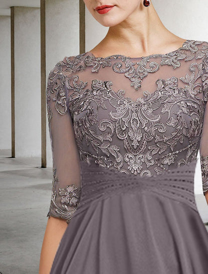 A-Line Mother of the Bride Dress Plus Size Elegant High Low Jewel Neck Asymmetrical Ankle Length Chiffon Lace Half Sleeve with Beading Ruffles Appliques