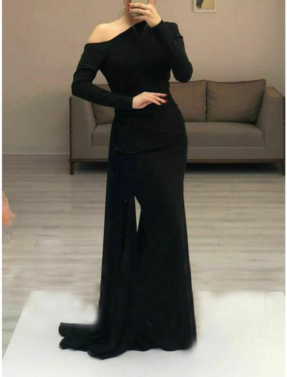 Sheath / Column Minimalist Elegant Wedding Guest Formal Evening Dress One Shoulder Long Sleeve Floor Length Stretch Fabric with Sleek Ruched 2024