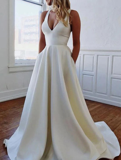 Simple Wedding Dresses A-Line V Neck Sleeveless Sweep / Brush Train Satin Bridal Gowns With Pocket