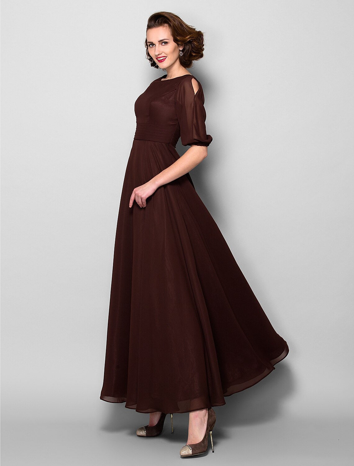 A-Line Mother of the Bride Dress Elegant Jewel Neck Ankle Length Chiffon Half Sleeve with Sash / Ribbon Ruched