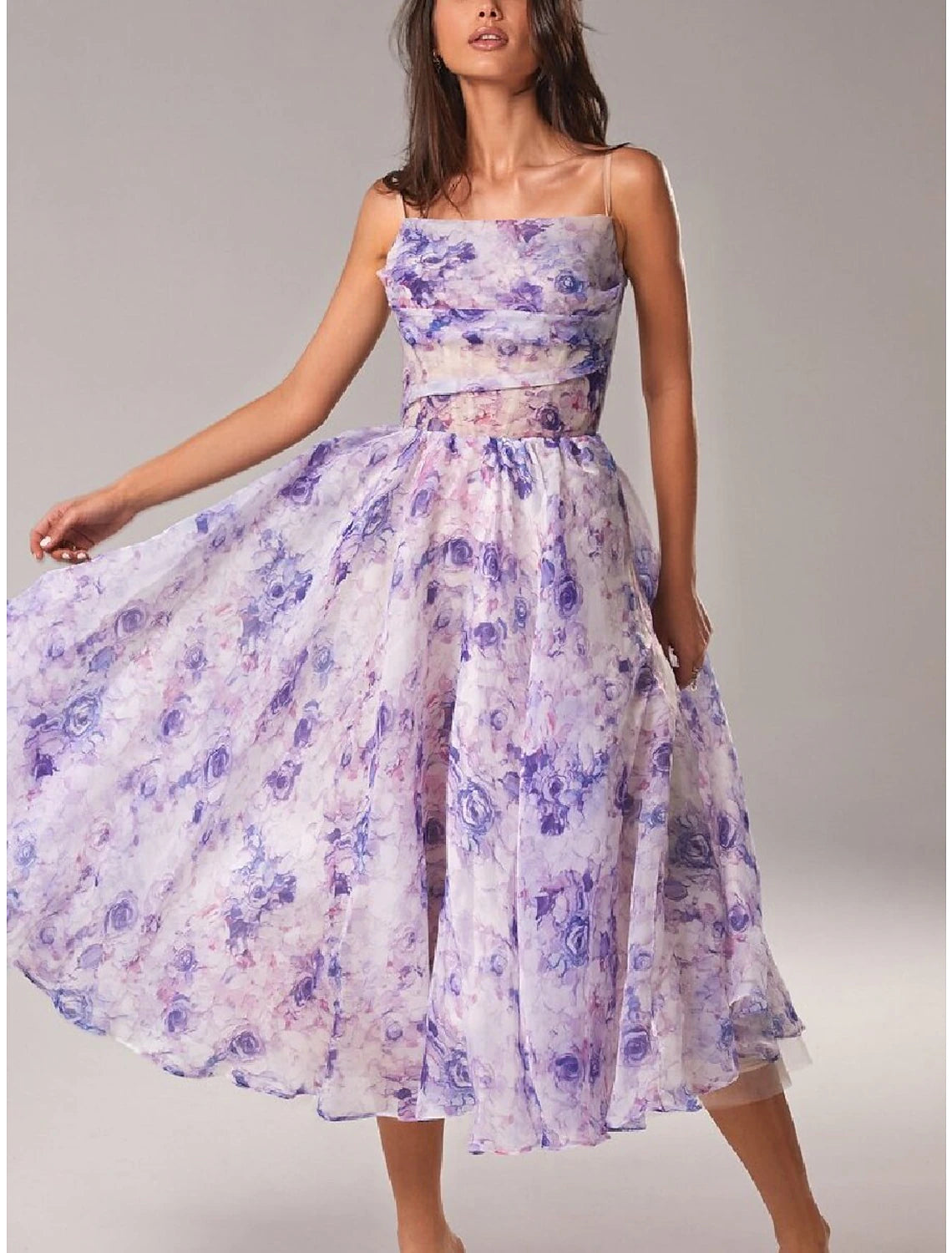 A-Line Homecoming Dresses Princess Dress Wedding Guest Holiday Tea Length Sleeveless Spaghetti Strap Organza with Print