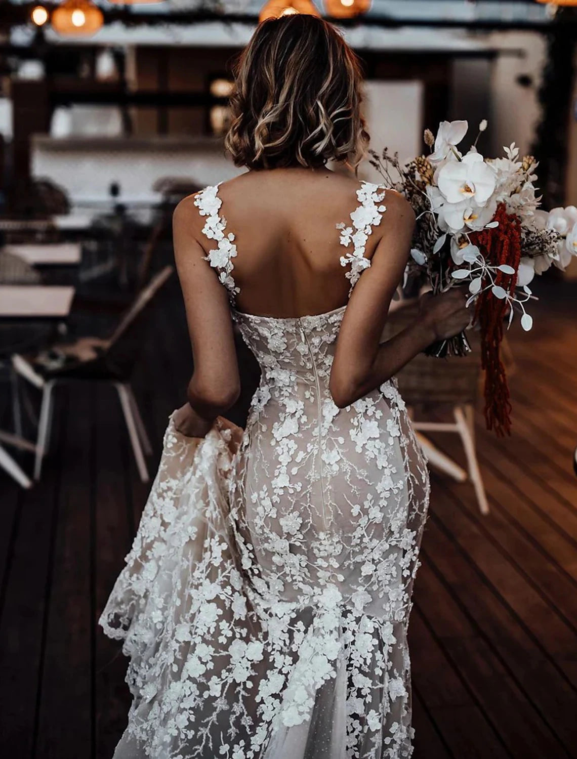 Beach Sexy Boho Wedding Dresses Mermaid / Trumpet Sweetheart Regular Straps Court Train Lace Bridal Gowns With Appliques Summer Fall Wedding Party 2024, Women's Clothing