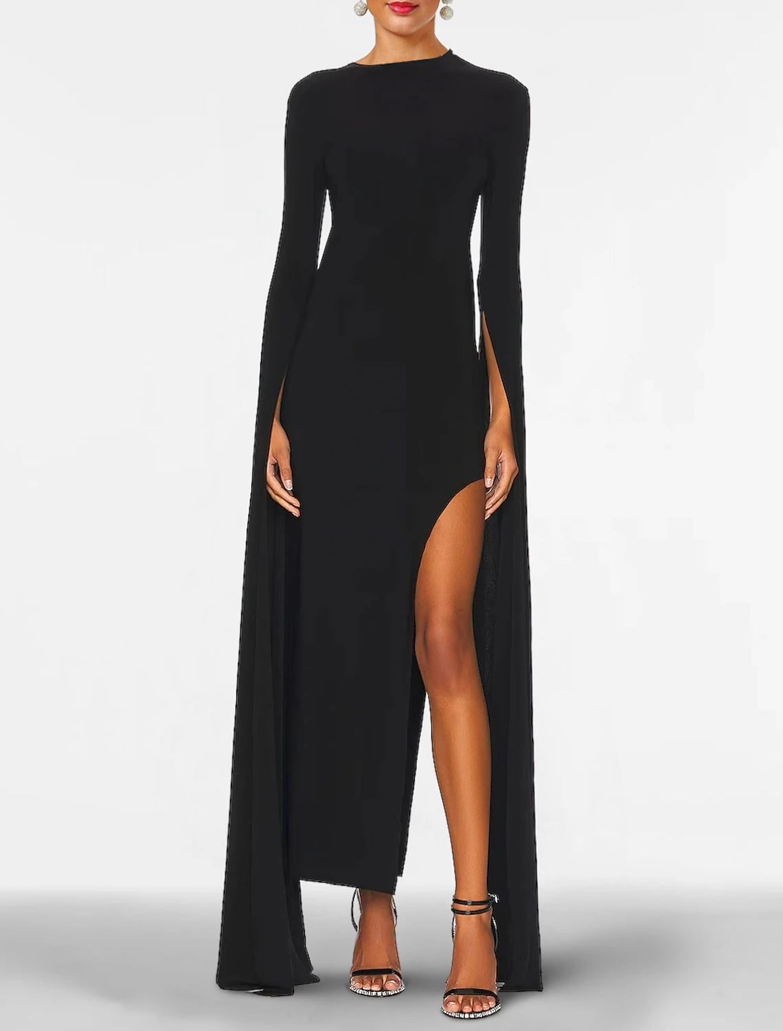 Sheath Black Dress Plus Size Evening Gown Open Back Dress Formal Wedding Guest Floor Length Long Sleeve Jewel Neck Capes Stretch Chiffon with Shawl 2024