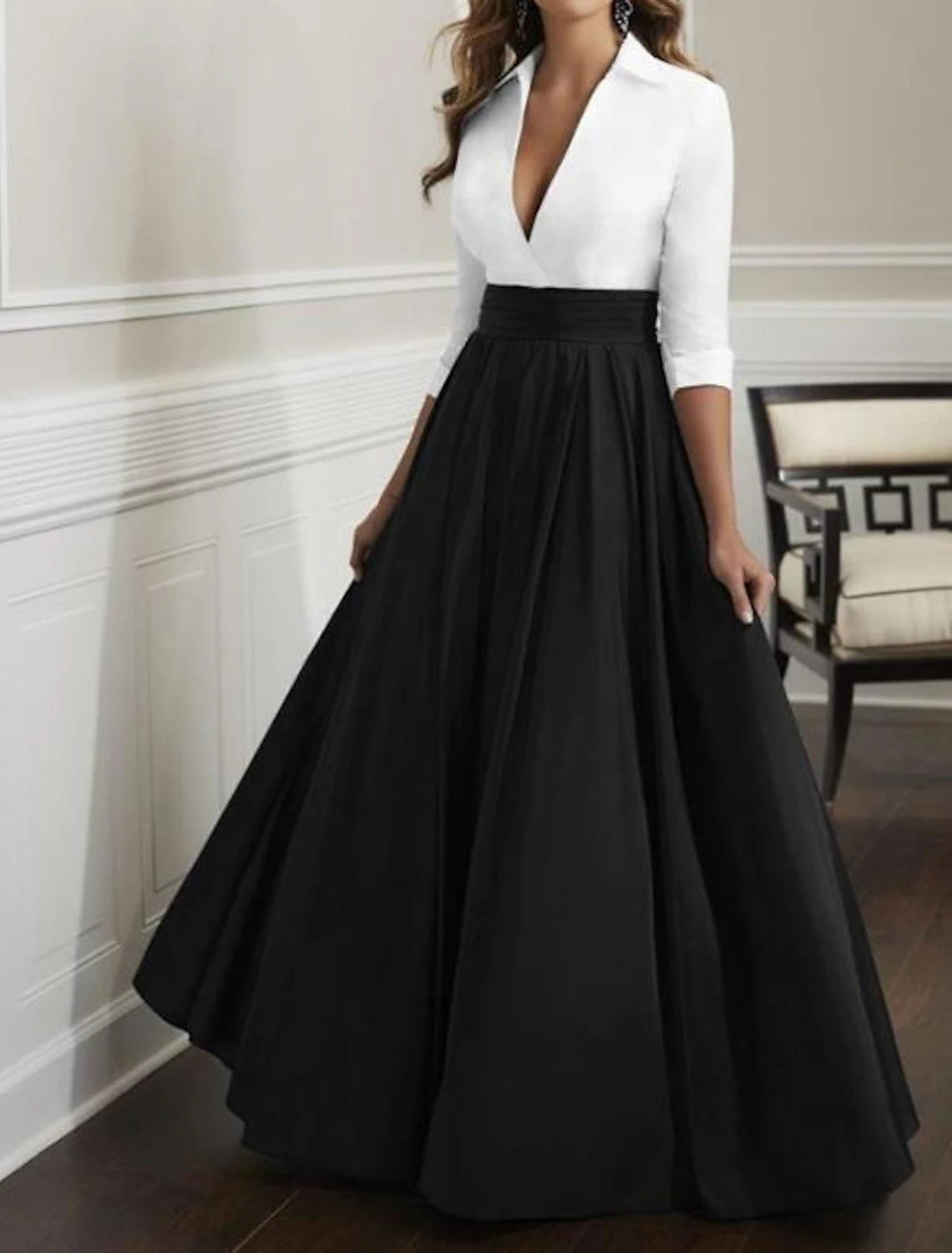 A-Line Mother of the Bride Dress Wedding Guest Elegant & Luxurious Plunging Neck Floor Length Satin Half Sleeve with Ruching