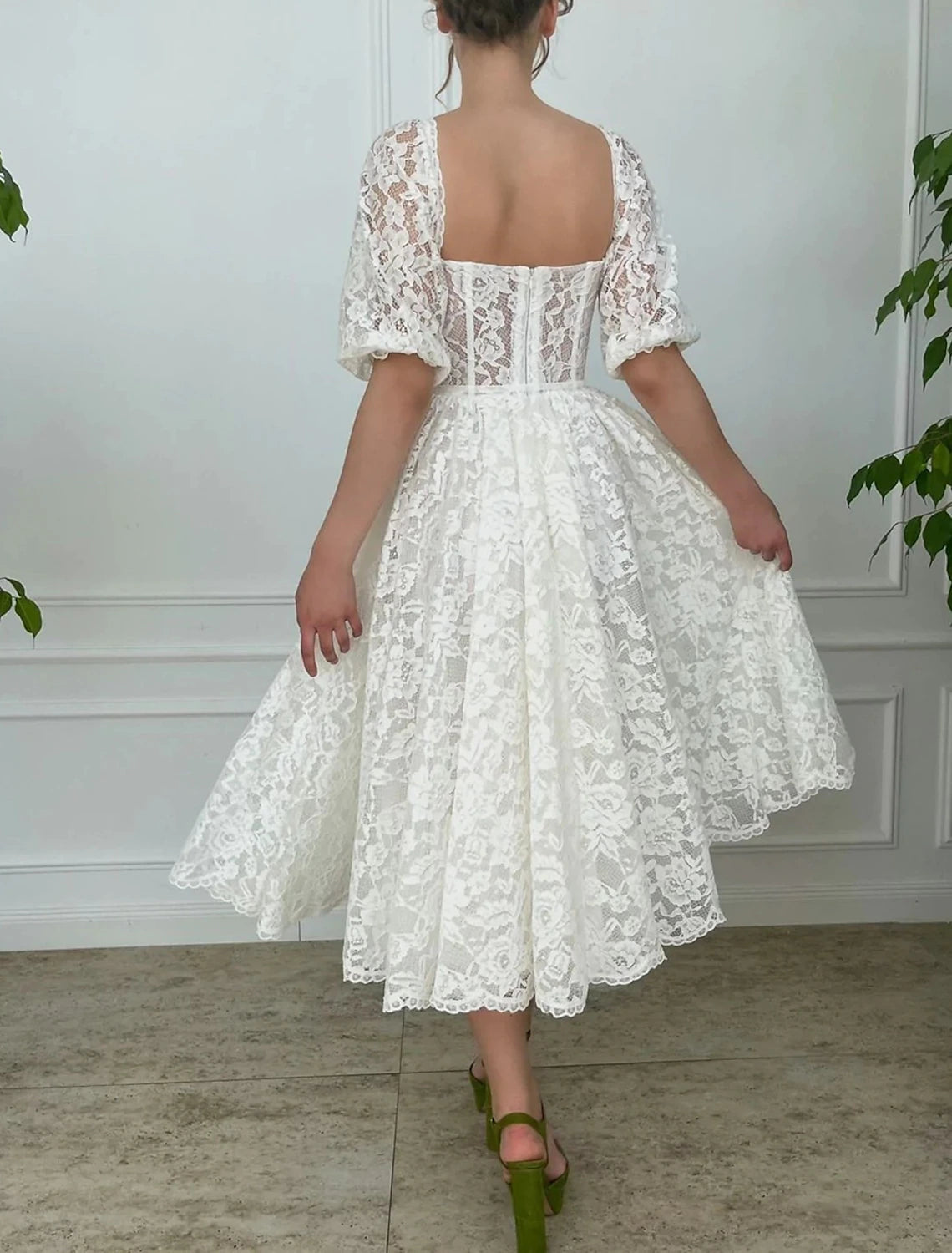 Reception Little White Dresses Wedding Dresses A-Line Sweetheart Half Sleeve Tea Length Lace Bridal Gowns With Appliques Solid Color