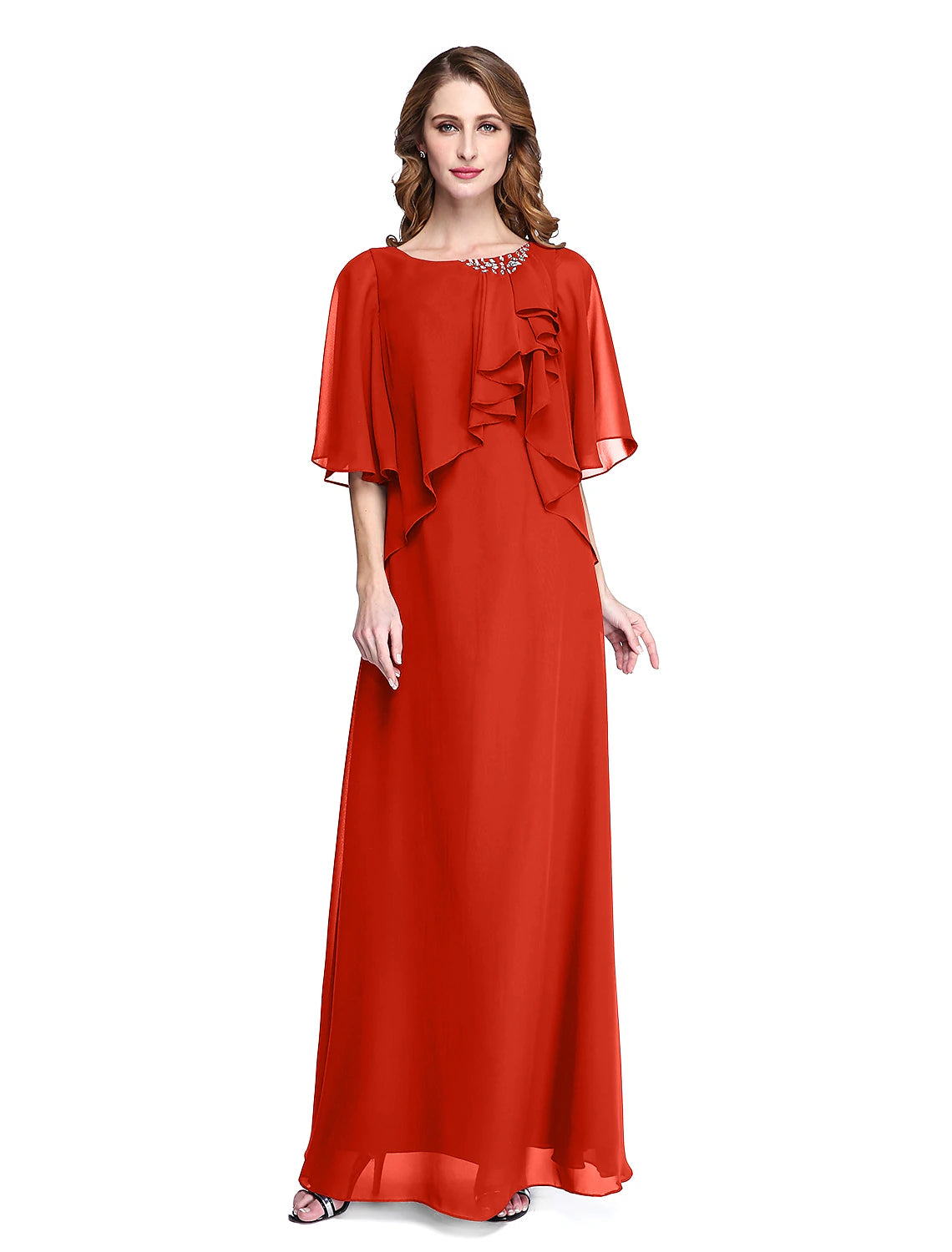 Sheath / Column Mother of the Bride Dress Elegant Open Back Jewel Neck Floor Length Chiffon Half Sleeve with Pleats Beading Ruffle