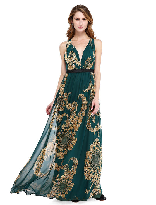 A-Line Mother of the Bride Dress Floral Open Back V Neck Floor Length Chiffon Sleeveless No with Sash / Ribbon