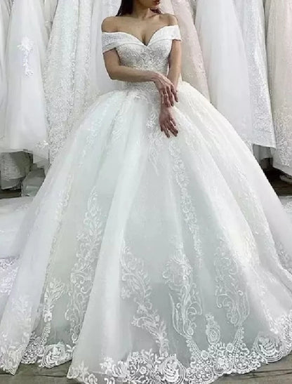 Engagement Formal Wedding Dresses Ball Gown Off Shoulder Cap Sleeve Chapel Train Lace Bridal Gowns With Appliques