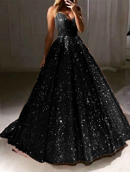 Ball Gown Glitter Prom Black Dress Luxurious Tulle Sparkly Dress For Wedding Party Quinceanera Sweep / Brush Train Sleeveless V Neck Tulle V Back with Sequin 2024