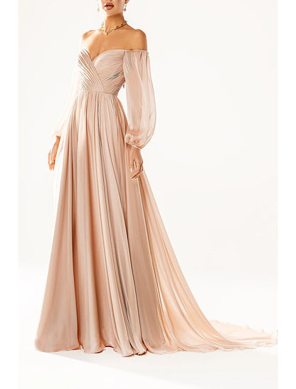 A-Line Party Dress Elegant Sexy Formal Evening Dress Strapless Long Sleeve Court Train Chiffon with Pleats 2024