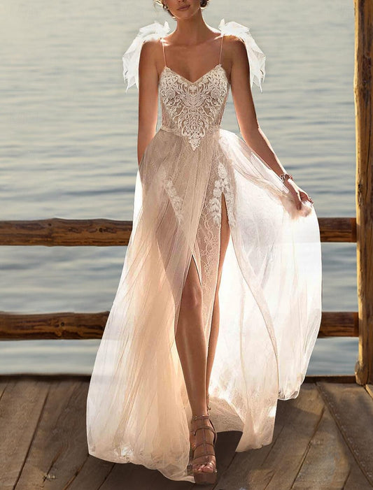 Beach Boho Wedding Dresses A-Line Camisole V Neck Sleeveless Sweep / Brush Train Lace Bridal Gowns With Bow(s) Beading