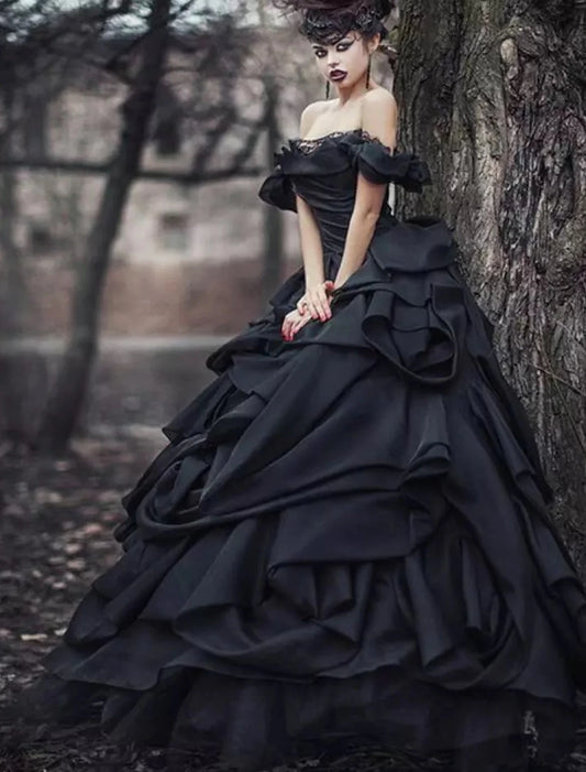 Engagement Gothic Wedding Dresses Ball Gown Off Shoulder Cap Sleeve Court Train Satin Bridal Gowns With Lace Ruched