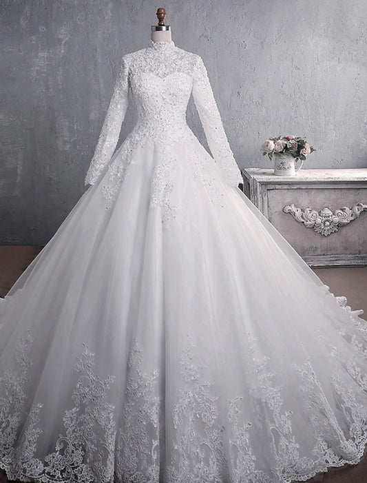 Engagement Formal Wedding Dresses Ball Gown High Neck Long Sleeve Court Train Lace Bridal Gowns With Appliques