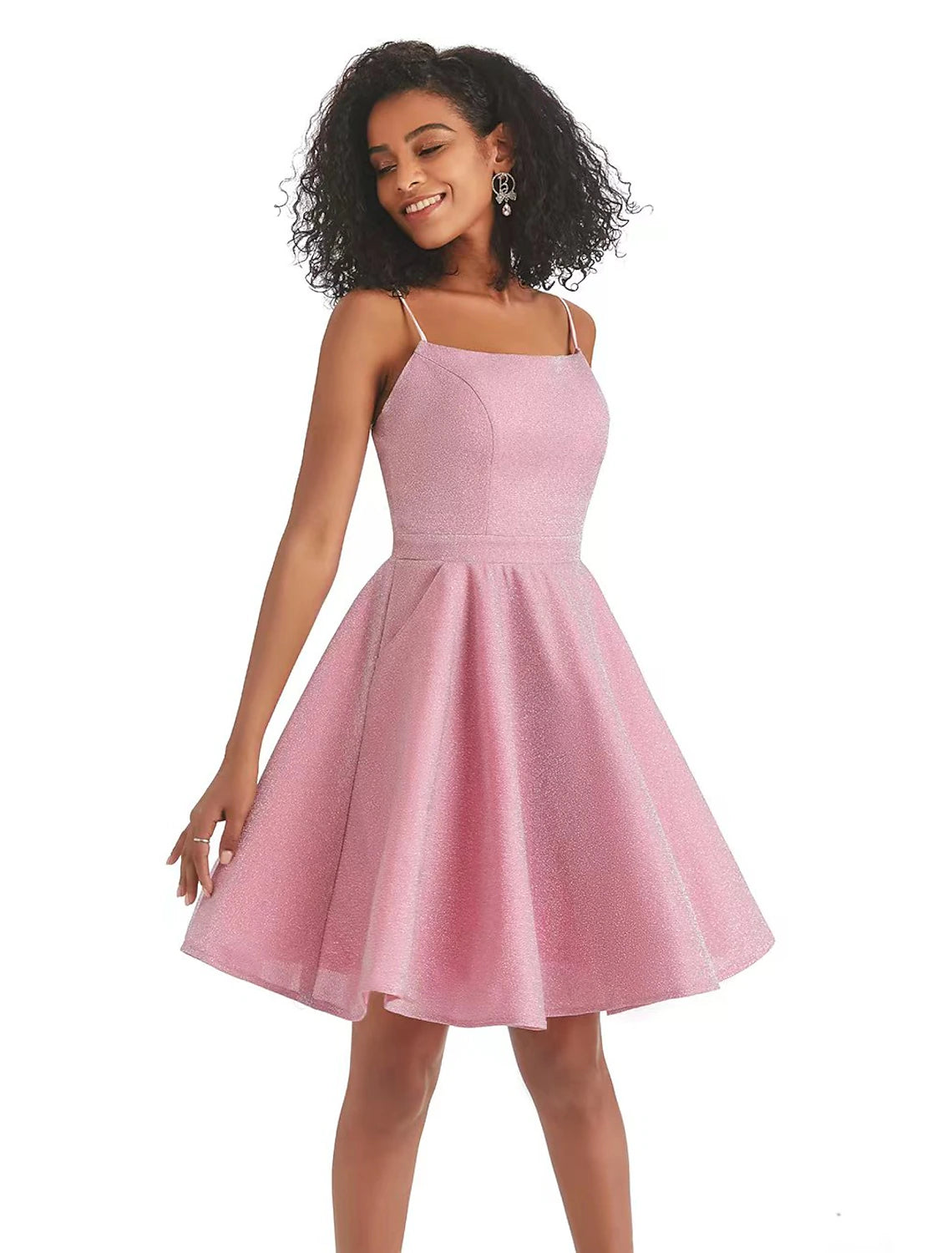 A-Line Homecoming Dresses Backless Dress Graduation Cocktail Party Short / Mini Sleeveless Spaghetti Strap Pink Dress Lurex Fabric with Sequin Strappy