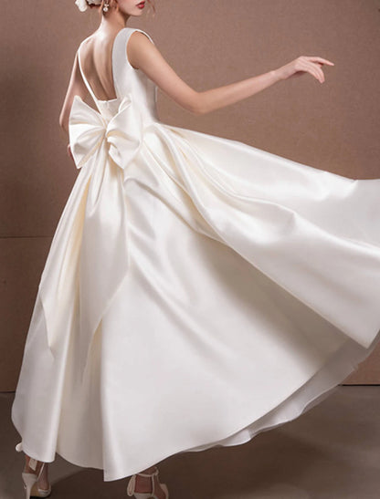 Reception Simple Wedding Dresses Wedding Dresses A-Line Off Shoulder Cap Sleeve Tea Length Satin Bridal Gowns With Pleats Ruched