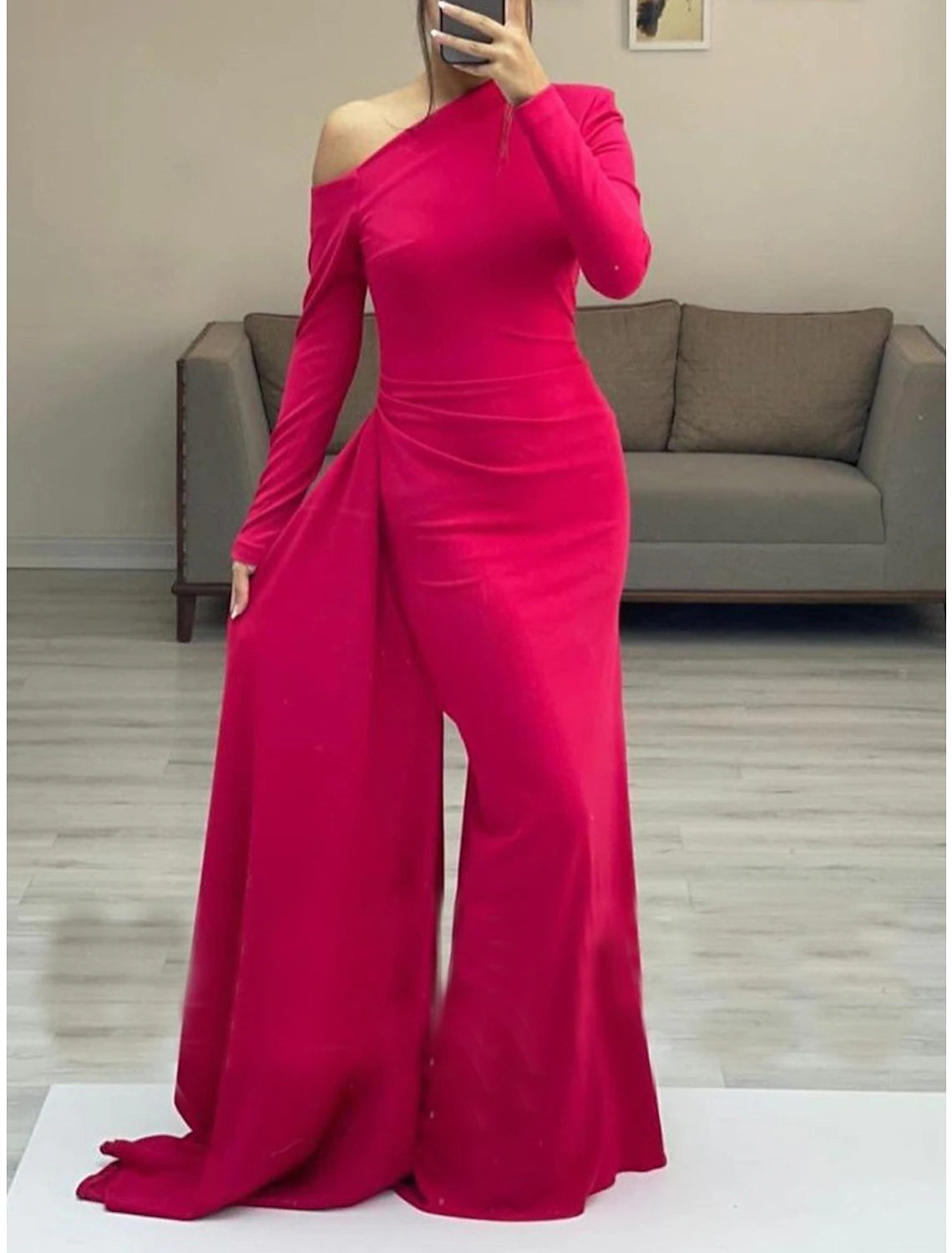 Sheath / Column Minimalist Elegant Wedding Guest Formal Evening Dress One Shoulder Long Sleeve Floor Length Stretch Fabric with Sleek Ruched 2024