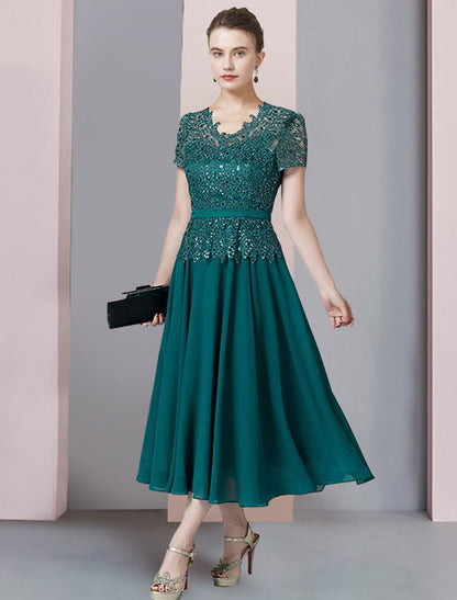 Two Piece A-Line Mother of the Bride Dress Formal Wedding Guest Elegant V Neck Tea Length Chiffon Lace Short Sleeve Wrap Included with Sequin Appliques