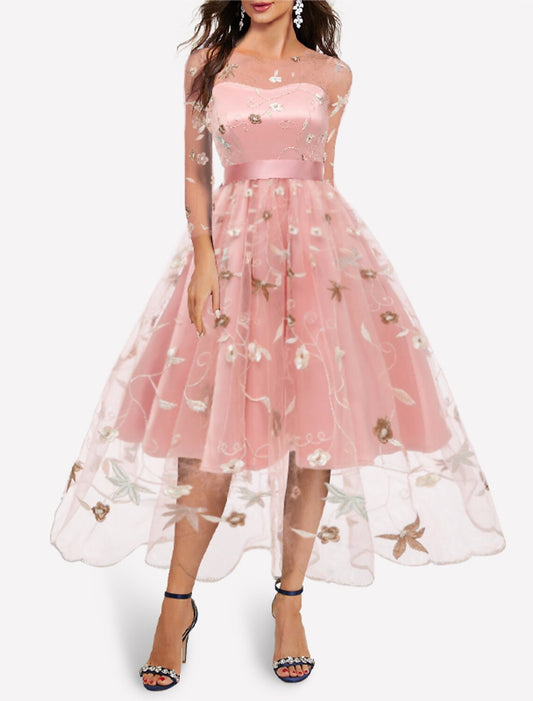 A-Line Cocktail Dresses Floral Dress Homecoming Wedding Guest Knee Length Half Sleeve Jewel Neck Tulle with Embroidery Appliques