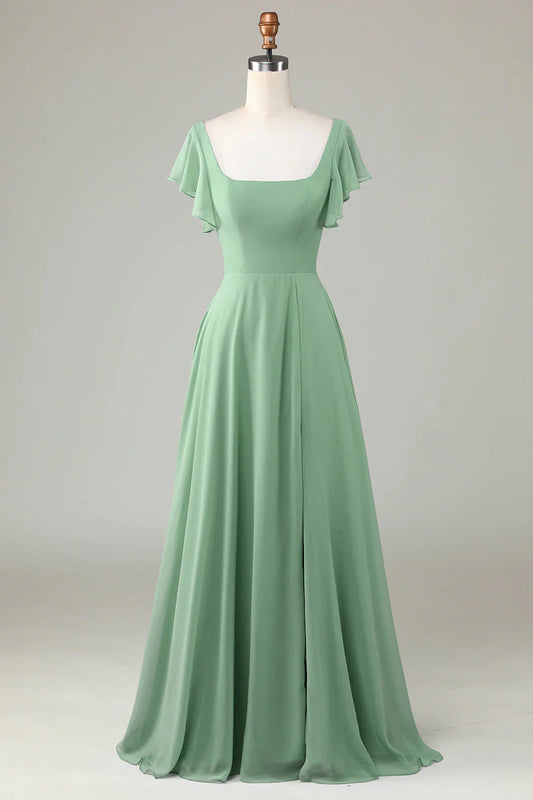 Lotus edge square collar matcha bridesmaid dress