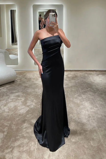 Sheath/column strapless satin pleated long formal evening dress