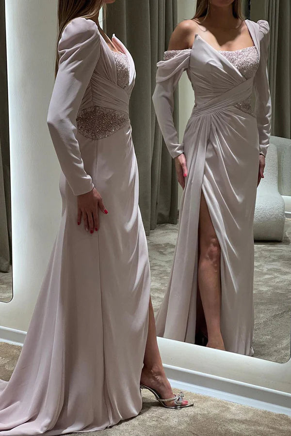 One shoulder bead long sleeved formal dress with evening dress