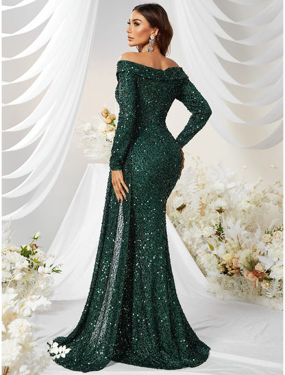 Mermaid Evening Gown Sparkle Christma Green Dress Formal Wedding Guest Sweep / Brush Train Long Sleeve Off Shoulder Polyester with Sequin