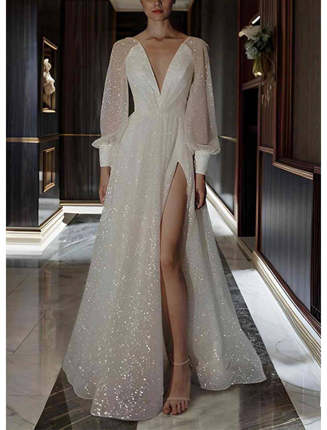 Beach Wedding Dresses A-Line V Neck Long Sleeve Floor Length Sequined Bridal Gowns With Solid Color