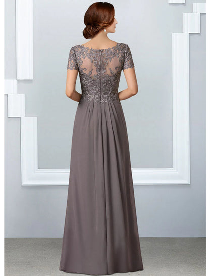 A-Line Mother of the Bride Dress Elegant V Neck Floor Length Chiffon Lace Short Sleeve with Pleats Appliques