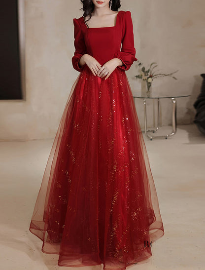 A-Line Evening Gown Elegant Dress Engagement Formal Evening Floor Length Long Sleeve Scoop Neck Tulle with Sequin