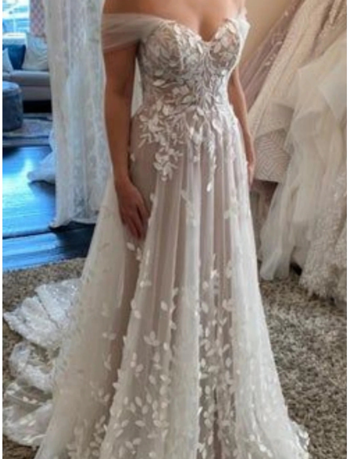 Beach Formal Wedding Dresses A-Line Off Shoulder Sleeveless Court Train Lace Bridal Gowns With Pleats Appliques