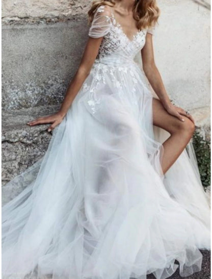 Beach Mature Wedding Dresses A-Line V Neck Short Sleeve Court Train Lace Bridal Gowns With Pleats Split Front