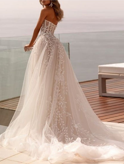 Beach Open Back Formal Wedding Dresses Ball Gown Sweetheart Sleeveless Sweep / Brush Train Tulle Bridal Gowns With Appliques Solid Color