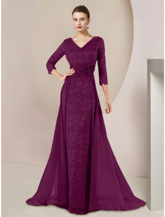 A-Line Mother of the Bride Dress Wedding Guest Elegant V Neck Floor Length Chiffon 3/4 Length Sleeve with Appliques Ruching