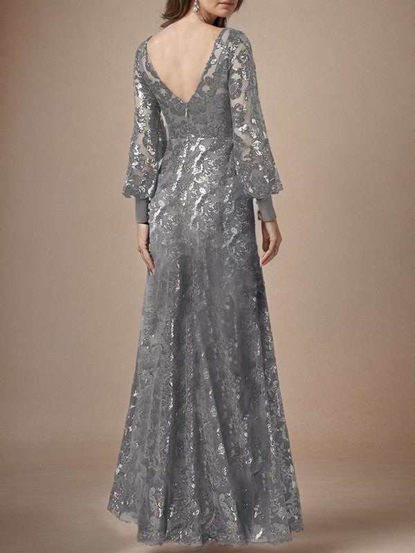 Tight V-back sequin captain sleeve chiffon and ground length style Mother of the Bride Dresses