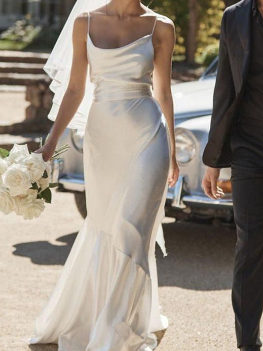 Tight straight tube plain knit pleated thin shoulder strap sleeveless and ground length wedding dress