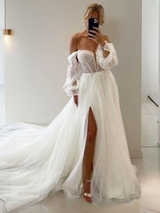 A-shaped Sweetheart Long sleeved Church Trailing Tulle Tight Corset Wedding Dress