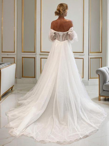 A-shaped Sweetheart Long sleeved Church Trailing Tulle Tight Corset Wedding Dress