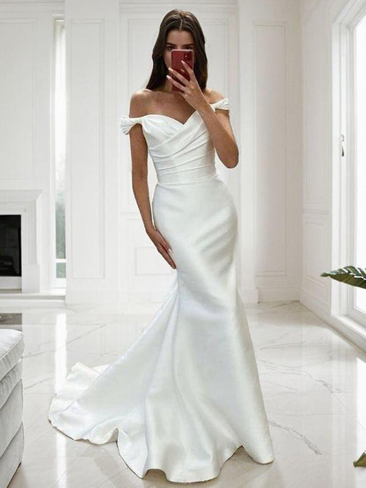 A-shaped V-neck pleated church trailing satin wedding dress