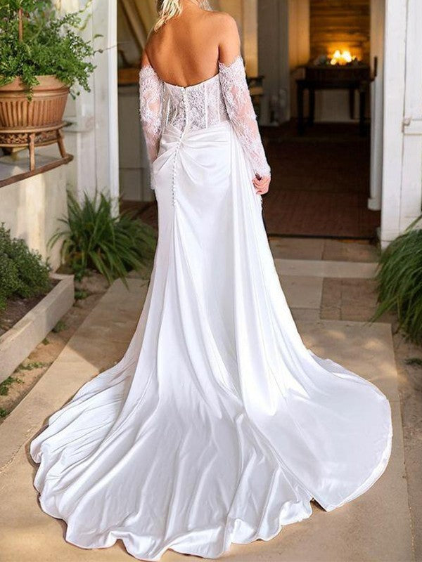 Tight Sweetheart Long sleeved Applique Lace Church Tail  Woven Satin Tight Corset Wedding Dress