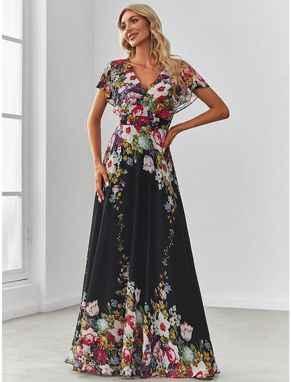 A-Line Evening Gown Floral Dress Birthday Floor Length Short Sleeve V Neck Chiffon with Pattern / Print